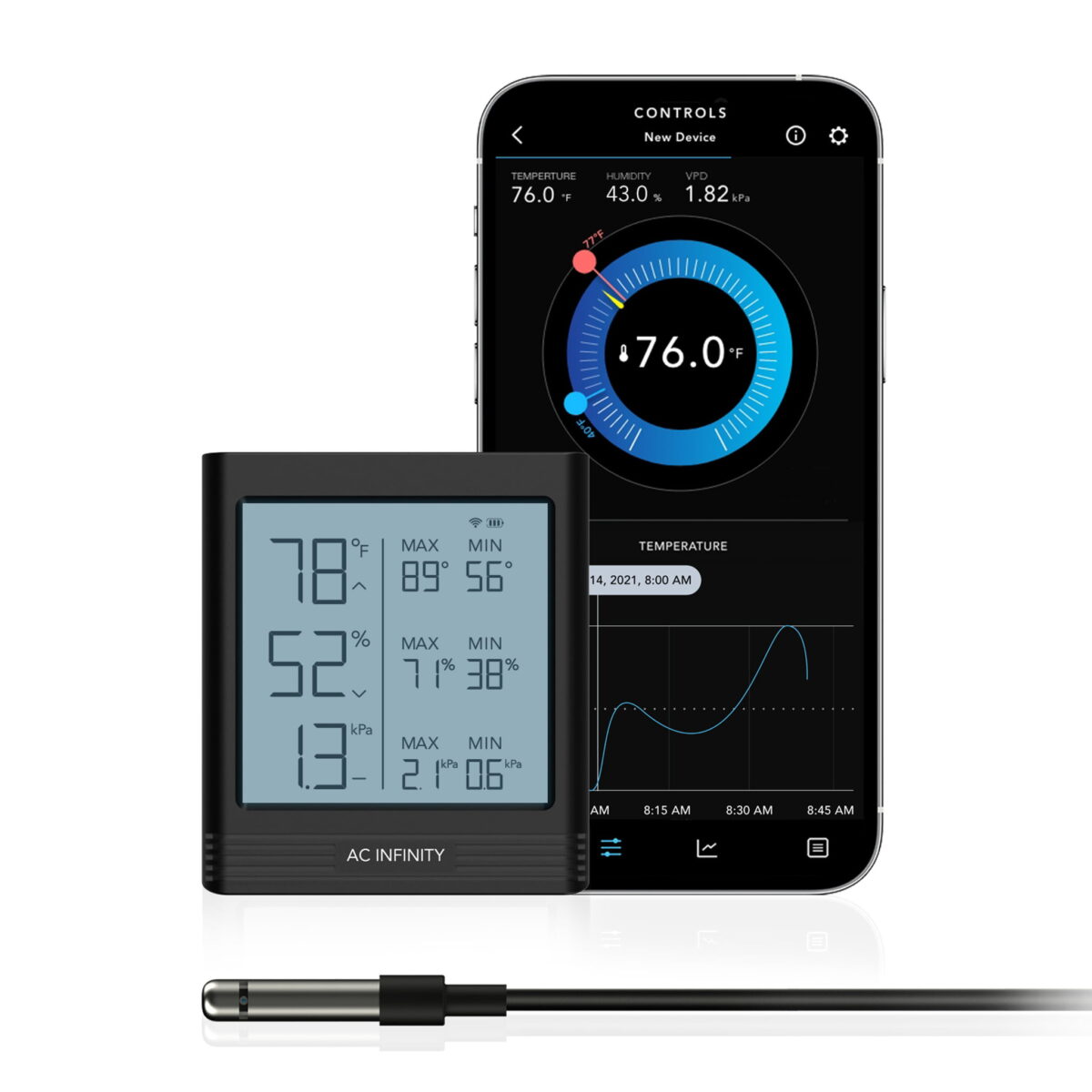 Dyrkeland AC Infinity Cloudcom B1, Smart Termo-/Hygrometer med 3,5 m Sensorprobe