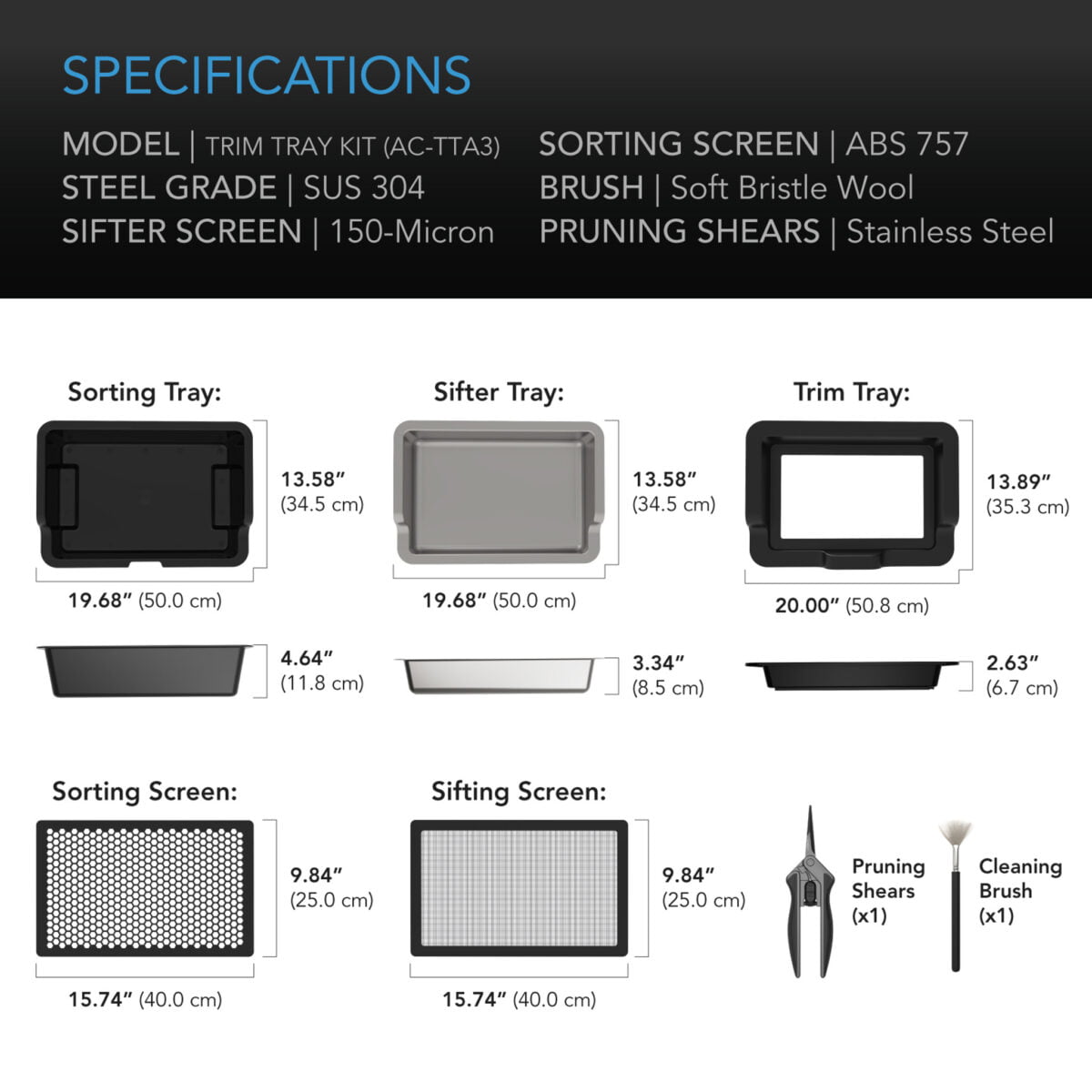 Dyrkeland AC Infinity Stort Trimmebrett, 3 Brett og 2 Screens, Utskiftbart og Ergonomisk