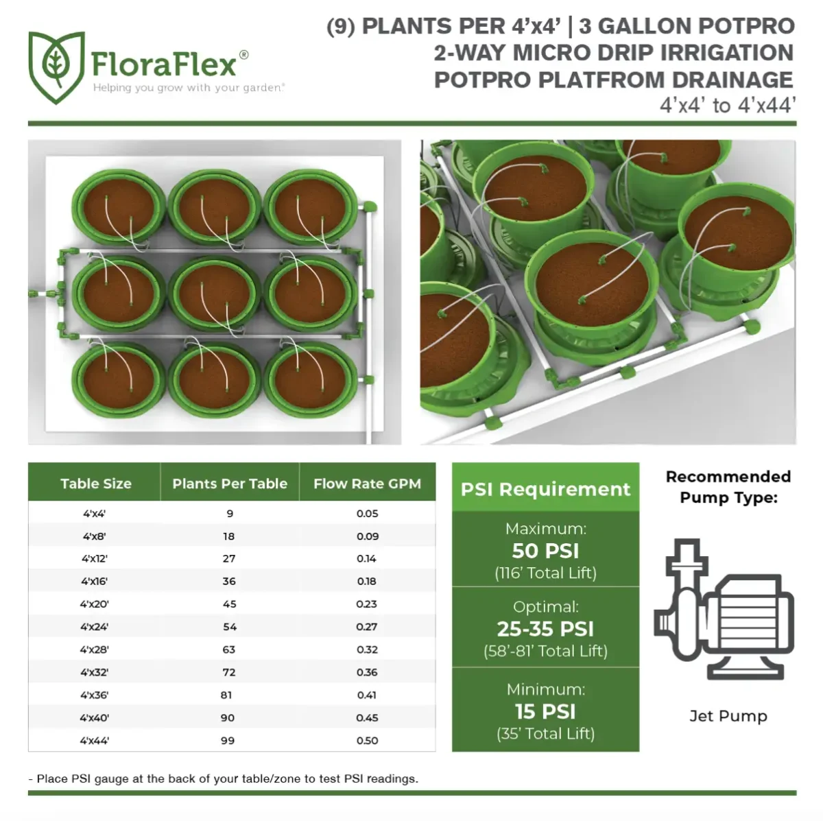 Dyrkeland FloraFlex 9 Planter Micro Drip Vanning-/dreneringssett - m/ 11 l Potter